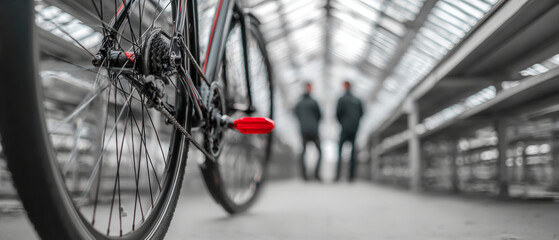 Close-up of bicycle wheel and chain with two blurred people walking in a modern covered walkway or bridge