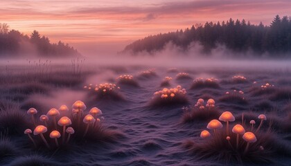 Mystical mushrooms glowing in foggy landscape at sunrise  