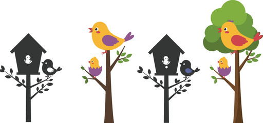 Colorful cartoon birds feeding chicks on trees with birdhouses, nature wildlife illustration, parenting, spring forest scene, cute animal artwork