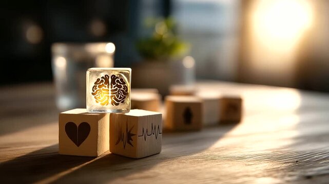 A scene with wooden blocks displaying wellness icons like mental health and fitness hyper realistic symbols with vivid textures moody shadows on a table bright saturation in