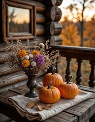 Autumn arrangement with pumpkins and flowers on wooden table outdoors  