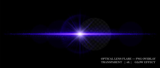 Optical lens flare with glowing core, scattered particles, and horizontal beam. Perfect for overlays, cinematic highlights, and futuristic visual effects in digital design.
