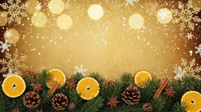 Festive winter holiday border decoration with oranges and pine cones