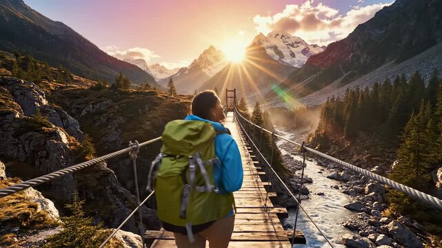 Adventurous hiker with backpack crosses suspension bridge at sunrise in majestic mountains