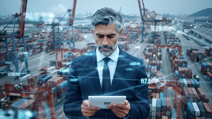 A businessman in a dark suit holds a digital tablet in a bustling port with red shipping containers and cranes, enhanced by overlaid digital graphics and soft diffused lighting. - Powered by Adobe