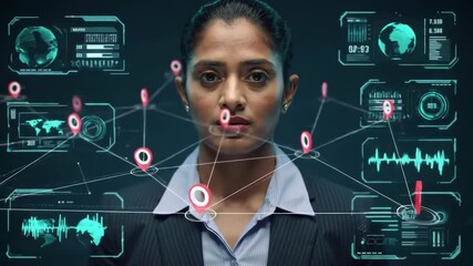 A focused woman in a dark suit stands against a glowing, futuristic interface, with global network connections and data visualizations in a teal background and soft lighting. - Powered by Adobe