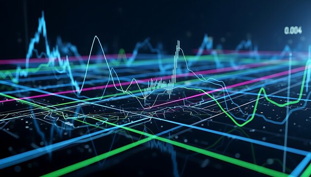 Abstract digital visualization of fluctuating financial market data with glowing neon lines and waveforms on a dark background representing technology and analytics - Powered by Adobe