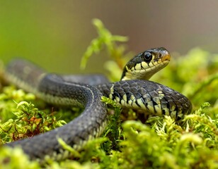 Close-up photo of a non-venomous snake, coiled amidst vibrant green moss, with detailed scales