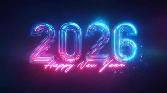Vibrant neon 2026 Happy New Year glowing text with futuristic digital effect
