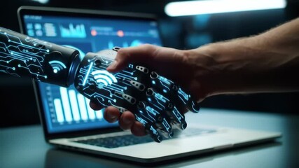 A human shakes hands with a robot arm overlaid with glowing blue circuitry. A laptop displays data graphs in a dark room, symbolizing future technology and partnership. - Powered by Adobe