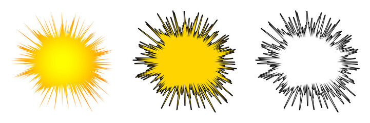 Dynamic yellow explosion burst shapes with radial spikes and glowing sunburst effect on transparent background. Abstract comic flash design ideal for pop art, energy themes, and graphic decoration.