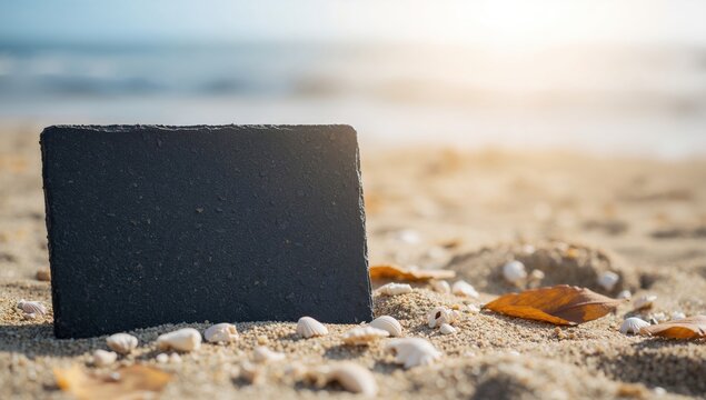 Black slate resting on sandy beach accompanied by seashells, natural texture for coastal design