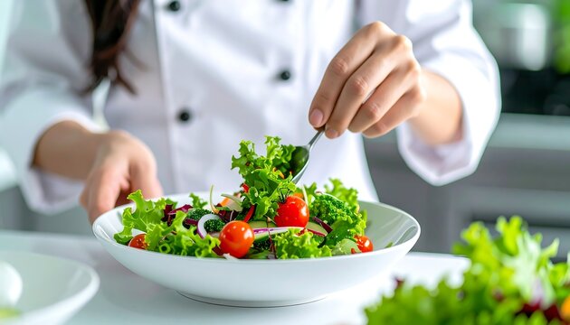 Preparing a vibrant salad with fresh greens, cherry tomatoes, and onions in a white bowl on a kitchen countertop