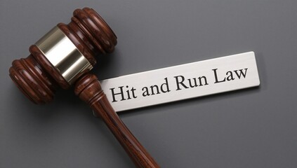 A gavel alongside a name plate featuring the engraving Hit and run, focus on legal proceedings