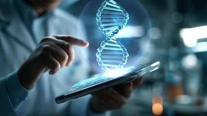 A scientist in a futuristic lab holds a transparent tablet with a holographic DNA helix hyper realistic DNA visuals with vivid details moody shadows on lab equipment bright - Powered by Adobe