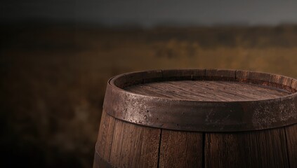 Fototapeta premium Old oak wine barrel set against a blurred landscape, ideal for product presentation