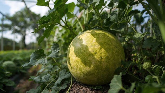 Green melon cantaloupe cultivated in a sustainable greenhouse, showcasing organic farming practices