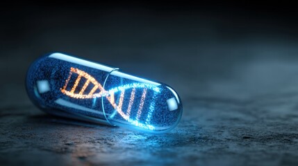 Blue and Orange DNA Helix Inside Transparent Capsule on Dark Surface Representing Genetic Research and Innovation