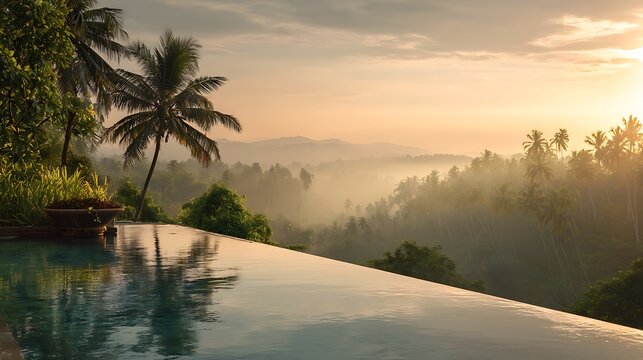 Misty jungle landscape with calm infinity pool high resolution HD photos