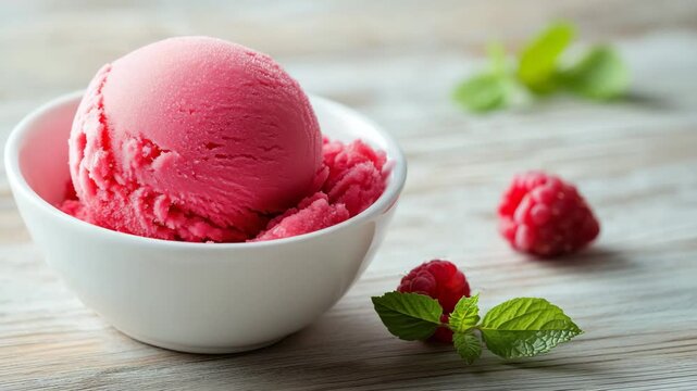 Bright pink raspberry sorbet served in a white bowl with fresh berries and mint. Cold, smooth and fruity texture. Light summer dessert. Refreshing and vibrant treat. Sweet and natural.