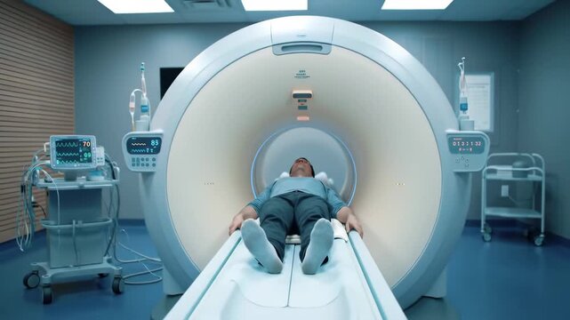 A man lying on a CT scanner in examination room with modern medical equipment in a hospital room interior with blue wall and tiles floor. Diagnosis of health condition.