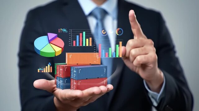 A midsection view of a male in a business suit holding stacked shipping containers with data charts overlayed on palms. The image features global economics and logistics. - Powered by Adobe
