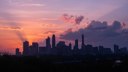 City skyline against vibrant sunset hues, showcasing urban beauty, seasonal change