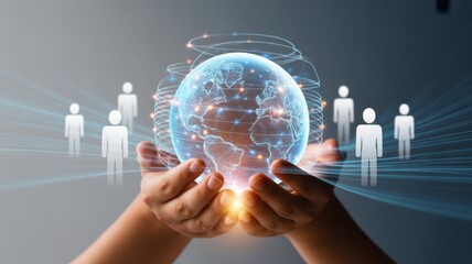 Global Connection: A visual metaphor of connection, with hands cradling a glowing globe surrounded by representations of people, symbolizing the network. This speaks of global collaboration and unity.
