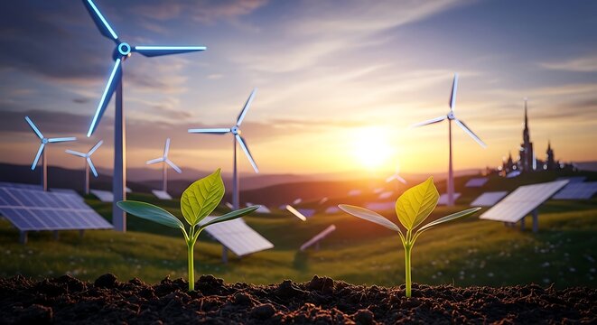 Sustainable future with renewable energy sources like wind turbines and solar panels powering a growing city at sunset with young plants symbolizing growth and new beginnings