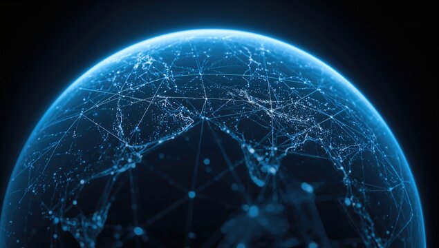 3D earth graphic representing global commerce, emphasizing interconnected trade networks