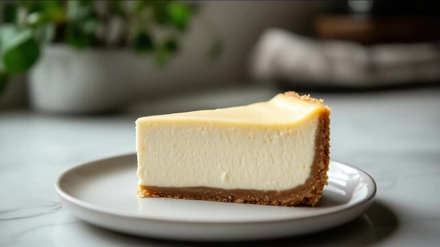 Smooth slice of plain cheesecake with golden brown crust on a simple white plate. Creamy and rich texture. Classic homemade dessert. Perfect for serving with fruit or sauce. Minimal and elegant.
