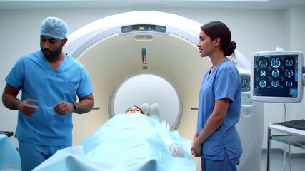 Medical personnel assists a patient during a CT scan in a modern hospital room. Light blue tones dominate the scene with focus on radiology and health technology. - Powered by Adobe