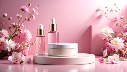Product showcase with cosmetics and blossom on podiums in soft pink
