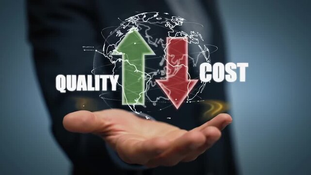 Concept illustration of quality versus cost with an upward green arrow and a downward red arrow held in hand on a geometric globe against blue.