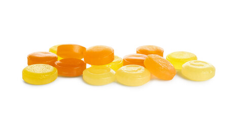 Different cough drops on white background