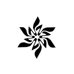 Dynamic, black abstract design resembling a six-pointed star or stylized flower/flame in motion. A modern, eye-catching symbol of energy, movement, or elemental power.