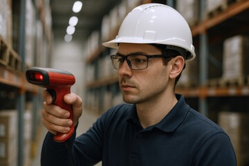 Warehouse Worker Scanning Inventory with Barcode Reader for Efficient Stock Management and Logistics in Distribution Center