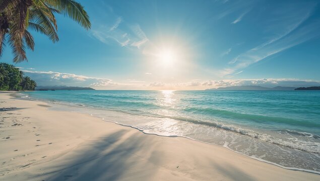Abstract beach scene with palm tree shadows on white sand, reflecting sunlight on the ocean, seasonal change - Powered by Adobe
