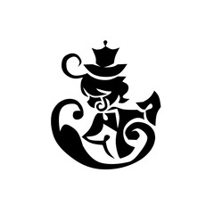 Charming, stylized black character with a top hat and flowing, intricate designs. A whimsical and elegant illustration perfect for unique branding, magic, or fantasy themes.