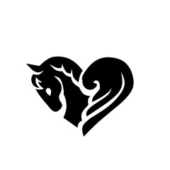 Elegant black heart shape featuring a stylized horse head and flowing mane. A beautiful symbol of love, freedom, and equestrian passion for branding or decorative art.