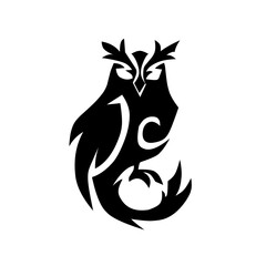 Mystical, stylized black owl design with flowing lines and a sharp gaze. A powerful symbol of wisdom, knowledge, and mystery, ideal for sophisticated logos or tattoos.