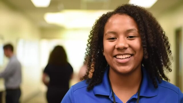 Close up of smiling young woman in a blue polo shirt posing in a brightly lit office hallway with other blurred people in the background looking at the camera.