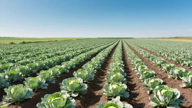 Wide cabbage plantation with green vegetables growing in neat rows on fertile soil. Sunny day with blue sky, representing agriculture and natural food production. Open farmland.