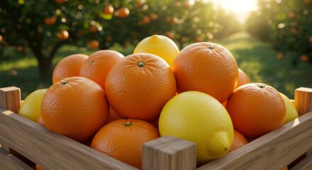 Close-up of harvested citrus fruits (oranges and lemons) in a wooden crate, orchard background