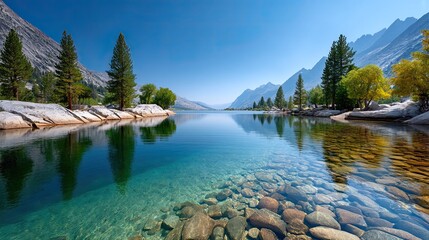 Pristine Alpine Lake with Crystal Clear Turquoise Water Surrounded by Rocky Shores Tall Evergreen Trees and Majestic Mountains Under a Bright Blue Sky and Crisp Daylight