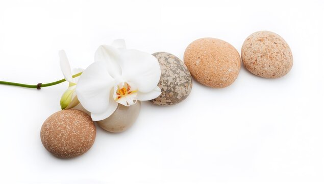 Isolated spa massage stones with an orchid on a white surface, promoting relaxation and well-being