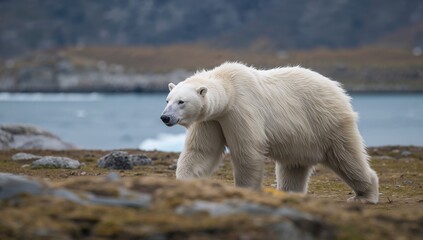 A white polar bear traverses the terrain, highlighting the risk of habitat erosion.