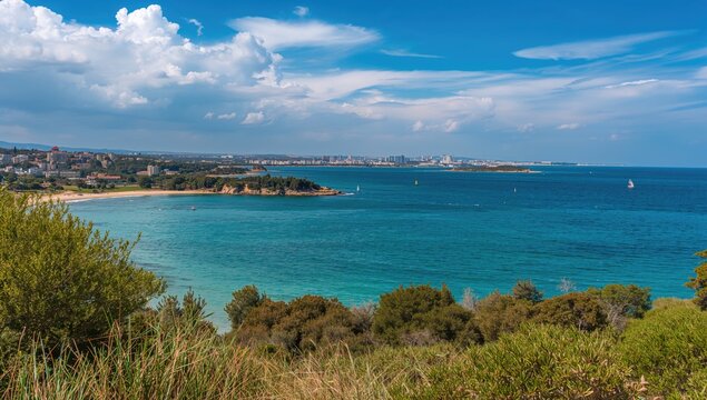 A coastal bay with lush gardens, clear water, and a sunny beach under a bright sky