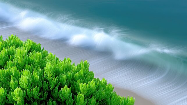Vibrant Green Coastal Cliff Overlooking Crashing Ocean Waves Under Bright Sunlight With Sparkling Water
