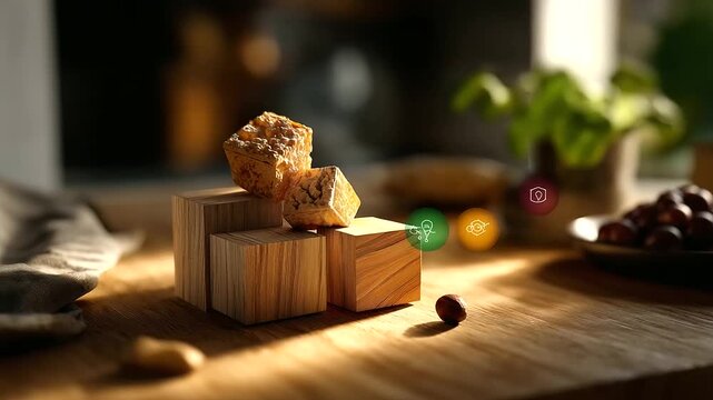 A scene with wooden blocks showing design thinking stages hyper realistic icons with vivid textures moody shadows on a table bright saturation in innovation visuals design thin